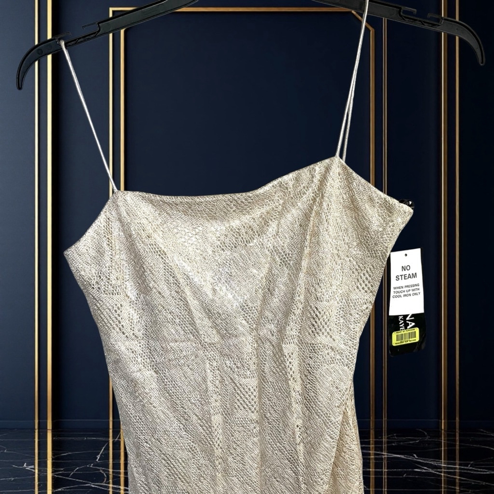 Arianna/Rachel Kaye New Tags Metallic Gold Netted Lined Sleeveless Dress Women 8 - Picture 3 of 9